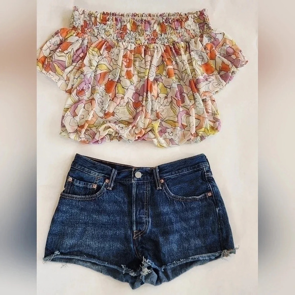 || FREE PEOPLE || Techni Color bubble top, floral, crop, off shoulder - Picture 2 of 5